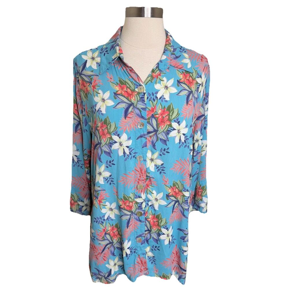Loco Lindo Rayon Button Up Shirt M Blue Floral Hawaiian Slit Back Tunic